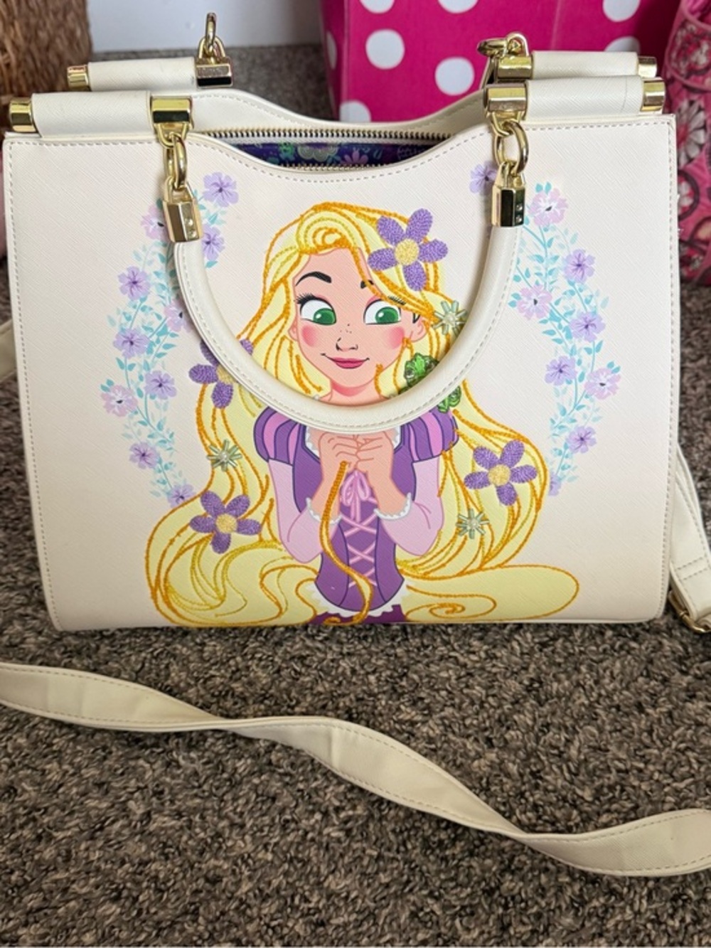 Loungefly Cream Rapunzel Floral Satchel with Purple Accents